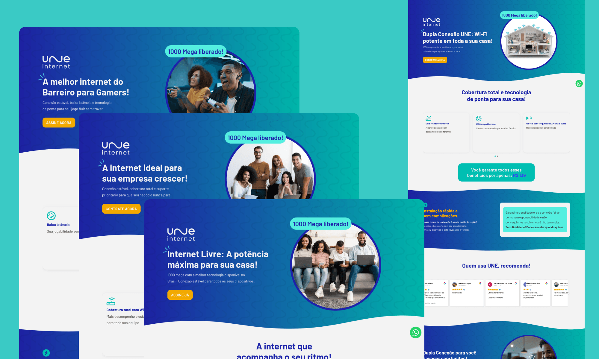 4 landing pages do provedor de internet Une Internet