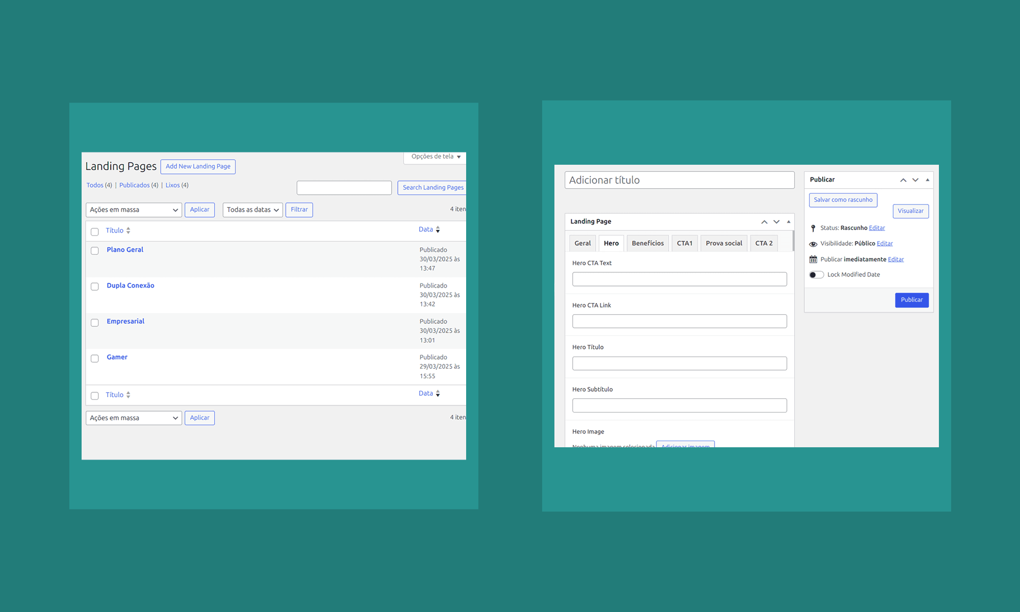 área administrativa do wordpress onde pode cadastrar landing pages