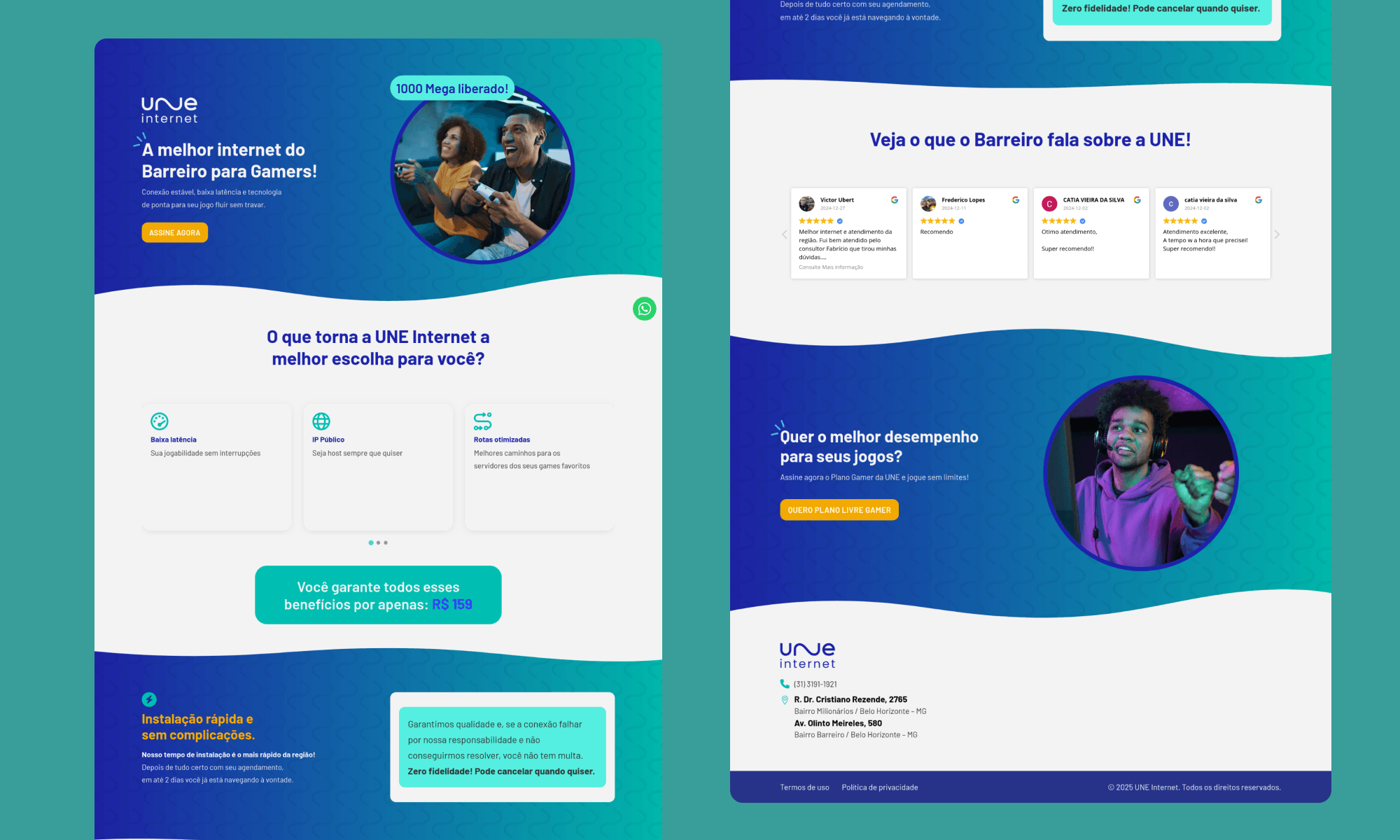 Uma landing page para o plano gamer do provedor Une internet