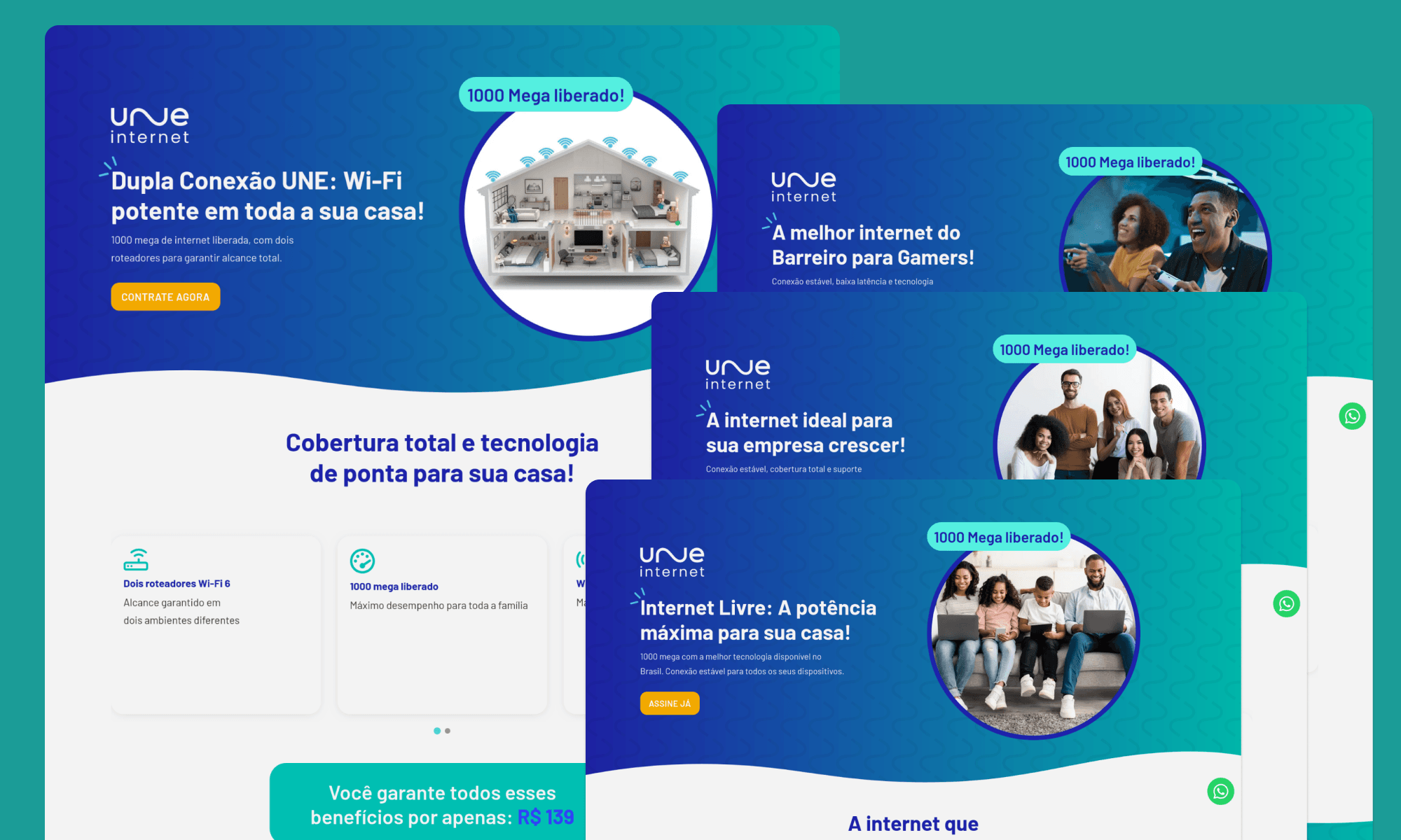 4 landing pages para planos de provedor de internet lado a lado